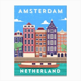Amsterdam, Netherlands/Holland — Retro travel minimalist poster, retro travel wall art, vector art Canvas Print