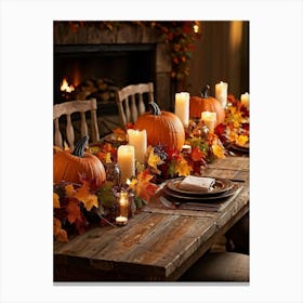 Autumn Table Decoration Cascading Leaves Of Warm Hues Rest Atop Smooth Pumpkins With Textured Exter (4) Canvas Print