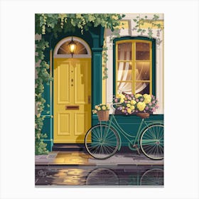 Anime Canvas Art: Charming Yellow House with Teal Bicycle, Flower Boxes, and Rainy Reflections, Perfect for Lofi Aesthetic and Urban Decor Lovers. Canvas Print