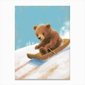 Brown Bear Cub Sledding Down A Snowy Hill Storybook Illustration 1 Canvas Print