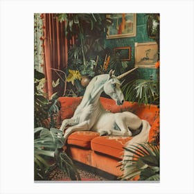 Unicorn Lounging A Sofa Surrounded By Plants Canvas Print