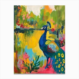 Peacock By The Pond Wild Brushstrokes 2 Canvas Print