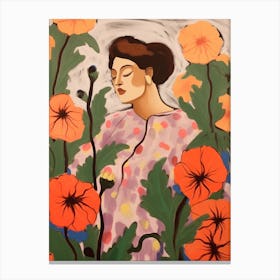 Woman With Autumnal Flowers Hollyhock 2 Canvas Print