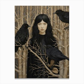 Dark And Moody Girl With Birds 1 Canvas Print