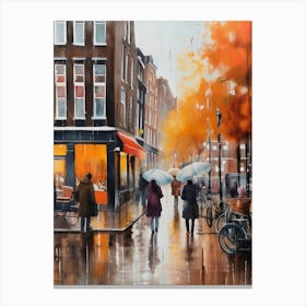 Amsterdam cafes, autumn season, rain, autumn oil colours.Faded colours,People passing on the street, winter clothes, rain umbrellas.11 3 Canvas Print