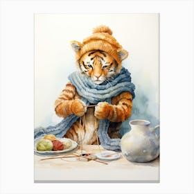 Tiger Illustration Knitting Watercolour 3 Canvas Print