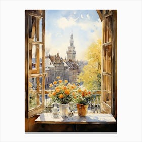 Window View Of Warsaw Poland In Autumn Fall, Watercolour 1 Canvas Print