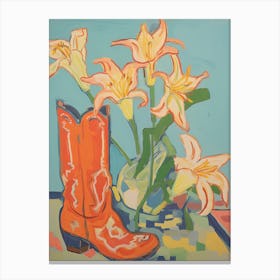 Painting Of Orange Flowers And Cowboy Boots, Oil Style 5 Canvas Print