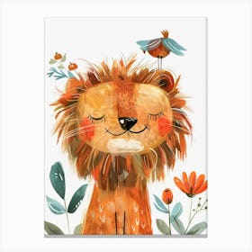 Small Joyful Lion With A Bird On Its Head 15 Canvas Print