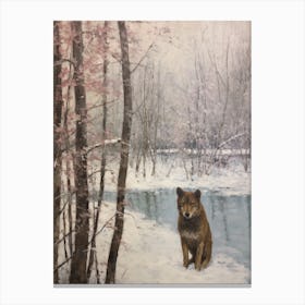 Vintage Winter Animal Painting Red Wolf 5 Canvas Print