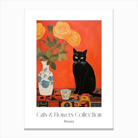 Cats & Flowers Collection Rose Flower Vase And A Cat, A Painting In The Style Of Matisse 8 Canvas Print