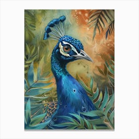 Watercolour Peacock With Tropical Leaves 3 Canvas Print