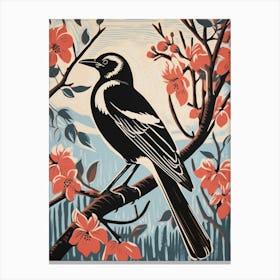Vintage Bird Linocut Magpie 4 Canvas Print