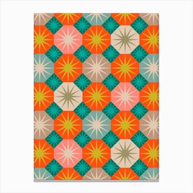 HAIRCAP MOSS Stylized Geometric Botanical Octagon Tile in Turquoise Teal Orange Pink Citrine Beige Canvas Print