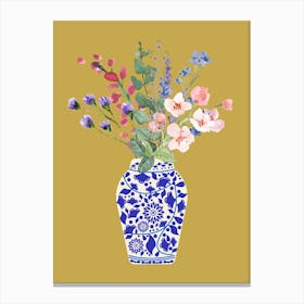 Wild Flowers In Vase Gold And Blue Art Canvas Print