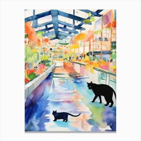 Food Market With Cats In Kyoto 3 Watercolour Canvas Print