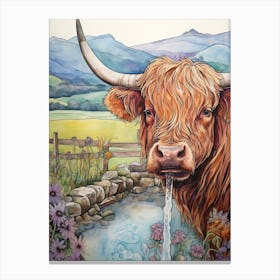 Linework Illustration Of A Highland Cow Pastel 1 Canvas Print