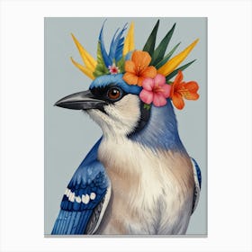 Blue Jay With Flower Crown 1 Canvas Print