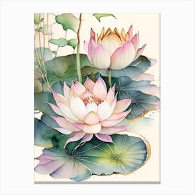 Lotus Flowers In Park Watercolour Ink Pencil 1 Canvas Print