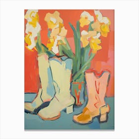 Painting Of Yellow Flowers And Cowboy Boots, Oil Style 8 Canvas Print