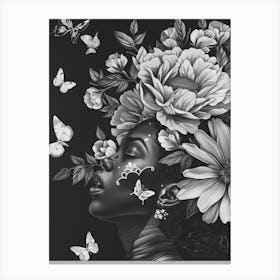 Black Woman With Flowers And Butterflies Canvas Print