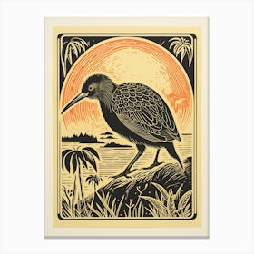 Vintage Bird Linocut Kiwi 1 Canvas Print