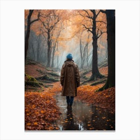 Man Walking In The Autumn Forest Print Canvas Print