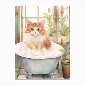 Turkish Cat In Bathtub Botanical Bathroom 2 Canvas Print
