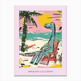 Dinosaur Relaxing On The Beach Pink Blue Pastel Poster Canvas Print