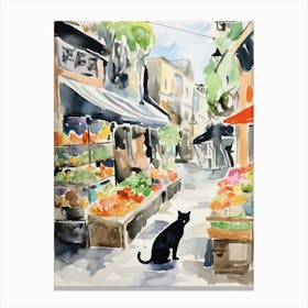 Food Market With Cats In Oslo 1 Watercolour Canvas Print