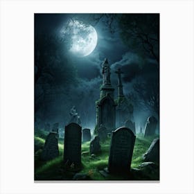 Ghostly Figures Looming Above An Ancient Graveyard In The Haunting Grip Of A Tempestuous Night Sky Canvas Print