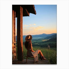 Woman Exuding A Sense Of Freedom While Sitting On A Wooden Porch Overlooking A Vast Hill And Sky Th 2 1 Canvas Print