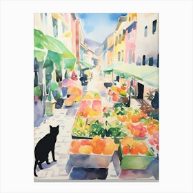 Food Market With Cats In Santander 3 Watercolour Canvas Print