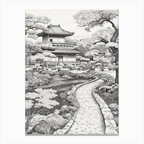 Ritsurin Garden In Kagawa, Ukiyo E Black And White Line Art Drawing 1 Canvas Print