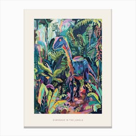 Colourful Dinosaur In The Jungle Leaves Painting 2 Poster Canvas Print