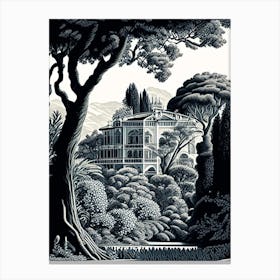Villa Carlotta, Italy Linocut Black And White Vintage Canvas Print