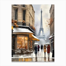 Paris cafes, winter season, Christmas, autumn oil colors, pale colors, pedestrians in the street, winter clothes, falling snow.Christmas decorations.5 1 Canvas Print