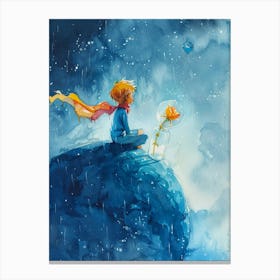 The Little Prince Sitting On His Planet, With His Only Rose Inside A Glass, He Looking To The Blue Sky, Raining, Windy, His Scarf Flying, Very Sad But Beautiful, Lovely, Artistic Kid S Water Color Painting, Very Naive Style, Abstract Stampe su tela