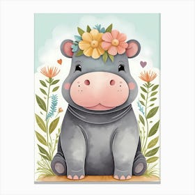Floral Baby Hippo Nursery Illustration (9) Canvas Print