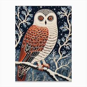 Vintage Bird Linocut Snowy Owl 4 Canvas Print