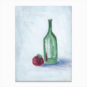 Apple And A Green Bottle painting still life kitchen dining white light vertical Canvas Print