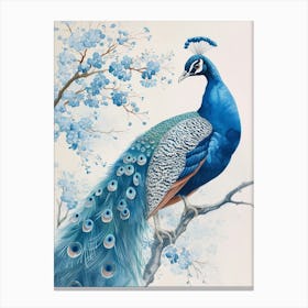 Watercolour Peacock With The Blue Blossom 3 Canvas Print