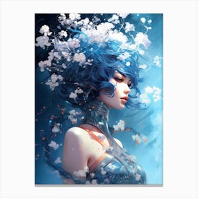 Woman with vibrant blue hair standing beneath a blossoming tree Canvas Print