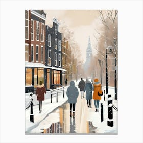 Amsterdam cafes, winter season, Christmas, autumn oil colors, pale colors, pedestrians in the street, winter clothes, falling snow.5 1 Canvas Print