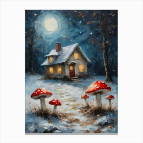 Cottagecore Toadstools and Fairy House in A Winter Forest - Acrylic Paint Mushrooms Art With Falling Snow at Night Scene on a Full Moon, Perfect for Witchcore Cottage Core Pagan Tarot Celestial Zodiac Gallery Feature Wall Christmas Yule Beautiful Woodland Creatures Series HD Canvas Print