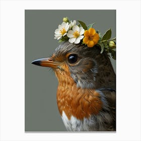 Bird With A Flower Crown European Robin Art Print 2 Canvas Print