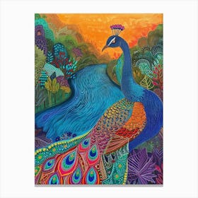 Colourful Pattern Peacock By The River 2 Canvas Print