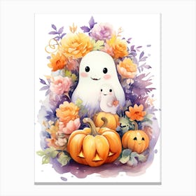Cute Ghost With Pumpkins Halloween Watercolour 28 Canvas Print
