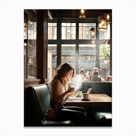 Modern Woman Engrossed In Her Tablet While Seated At A Rustic Wooden Table Inside A Bustling Urban C (6) Canvas Print