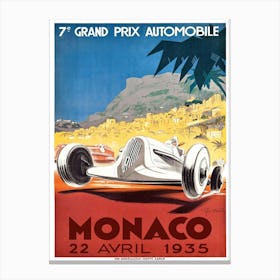 Vintage advertising poster promoting the 1935 Monaco Grand Prix which is a Formula One motor race held each year on the Circuit de Monaco. Run since 1929, it is widely considered to be one of the most important and prestigious automobile races in the world. Canvas Print